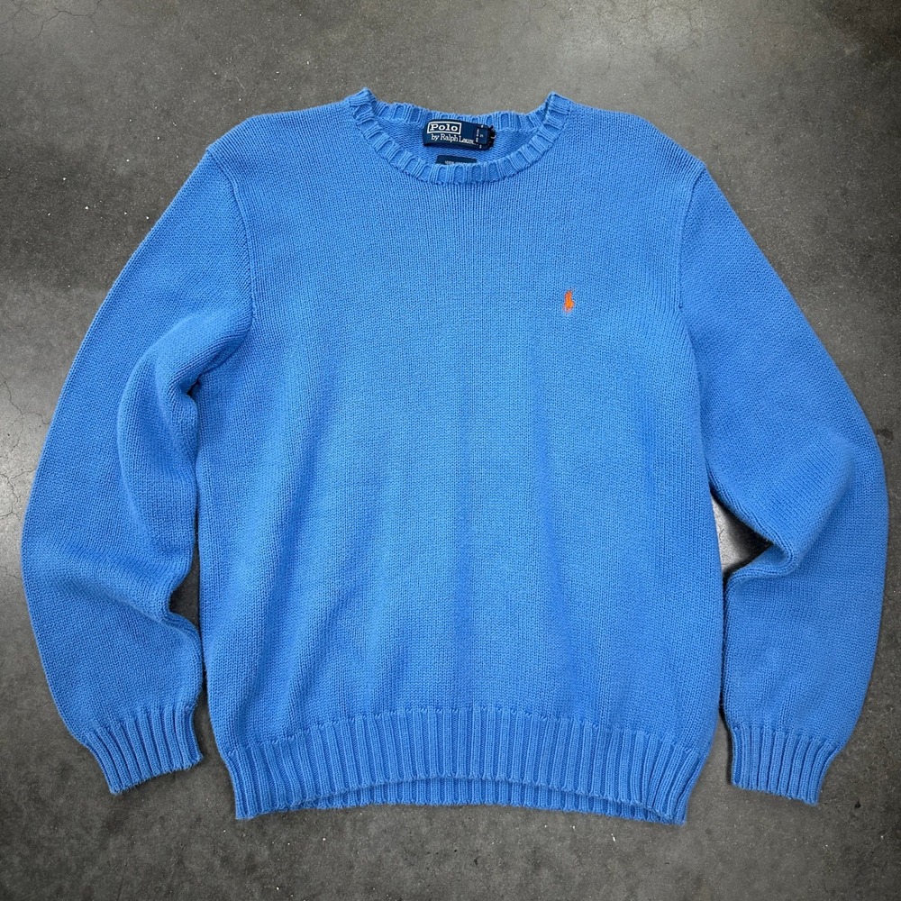 VTG Polo Ralph Lauren Mens Blue Cotton Knit Crewneck Sweater Orange Pony Logo